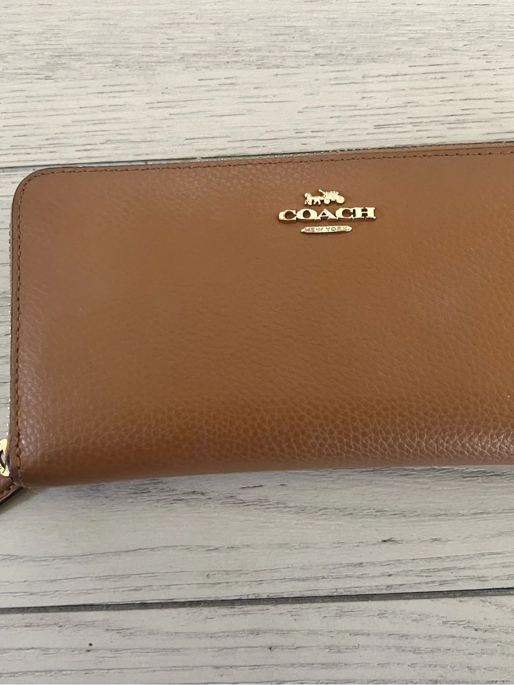 Coach Tan Pebbled Leather Zip Wallet with Gold Logo